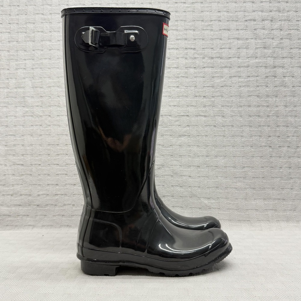 Hunter Boots Womens Size 8 Black Rain Boot Knee High Gloss Rubber WFT1000RGL